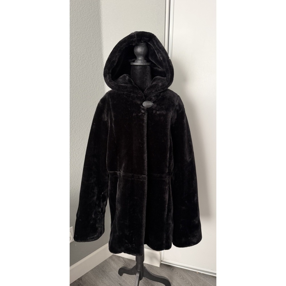 Dennis Basso Faux Fur Coat Womens L Black Hooded Plush Jacket Soft Lined - Picture 2 of 8